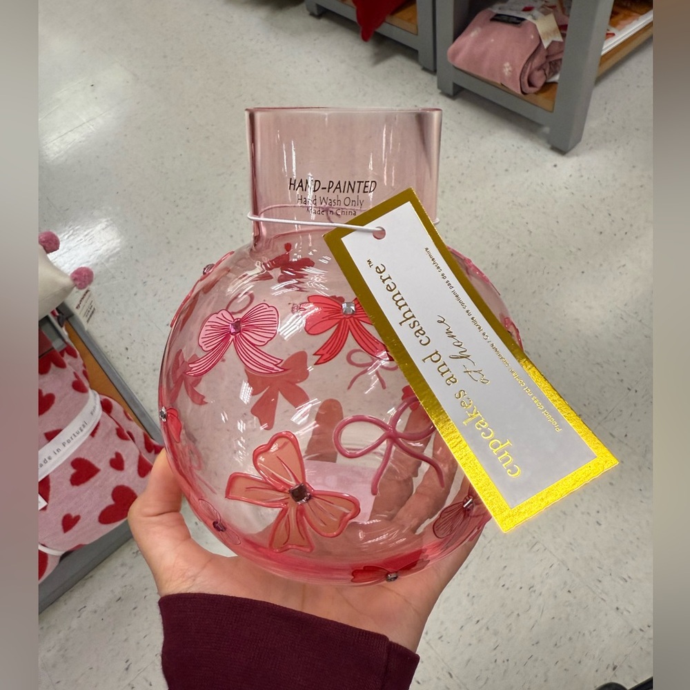 Cupcakes and Cashmere Glass Vase with hand-painted pink bows and rhinestones